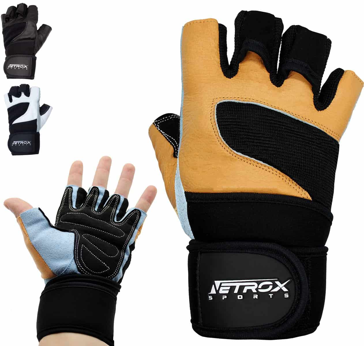 NetroxSports® Professionelle Fitnesshandschuhe mit Handgelenkbandage für schwere Gewichte | echtes Leder | Krafttraining & Bodybuilding für Herren und Damen - 1 Jahr Gewährleistung