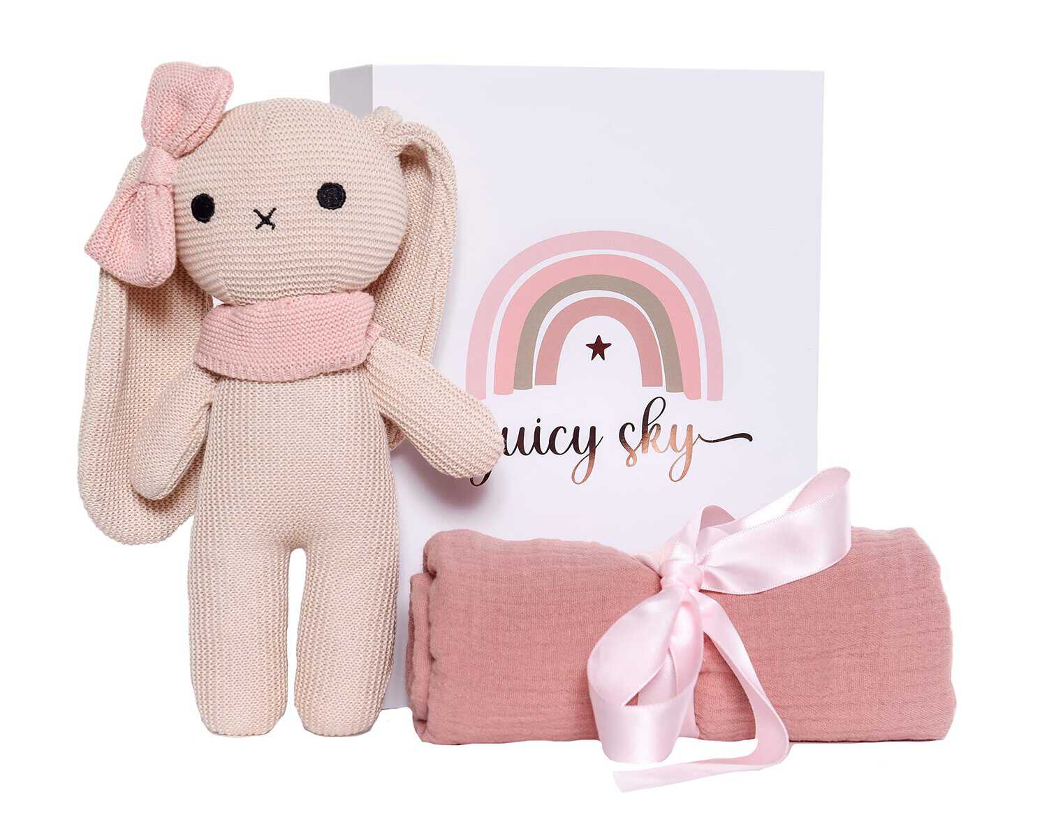 JUICY SKY | Hanni-Bunny Kuscheltier mit Spucktuch | Baby Geschenkset in Geschenkverpackung | Musselin Trösterchen rosa für Mädchen und Jungen | Neugeborenen Geschenk Mullwindeln für Kleinkind & Baby