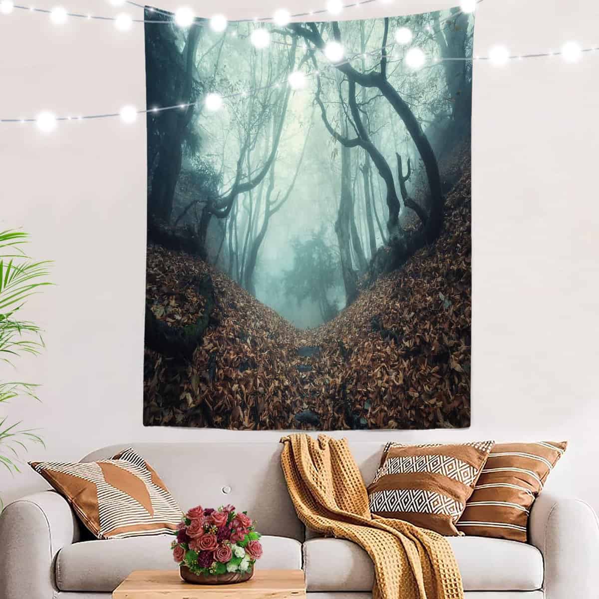 BaoNews Schwarzer Naturwald Dschungel-Wandteppich, Weiß, Geheimnis, Herbstblätter, groß, Wandbehang, Polyester-Tischdecken, Wandteppich, Schlafzimmer, Wohnzimmer, Wohnheim, 22,7 x 150,1 cm