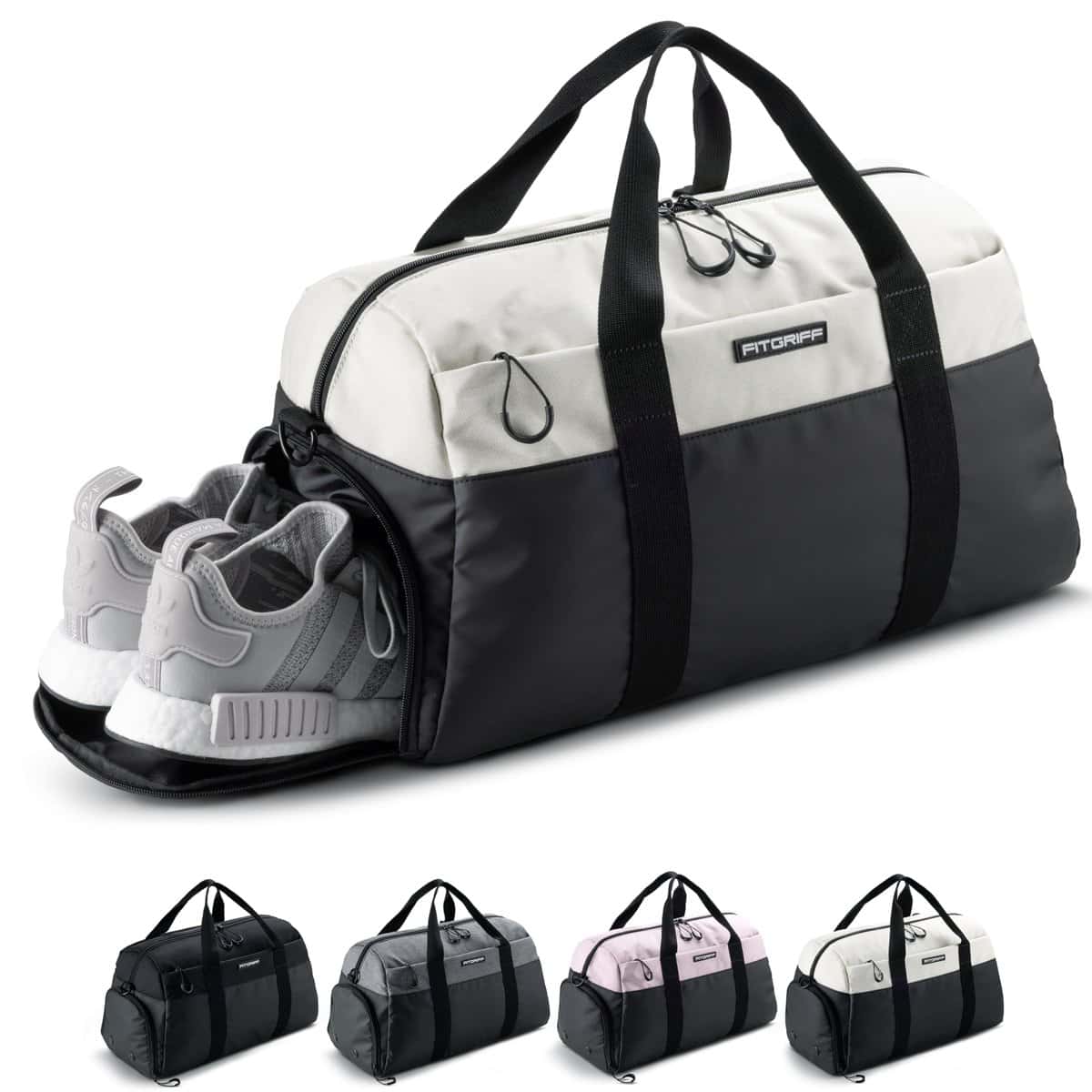 Fitgriff® Sporttasche & Reisetasche V2 für Damen und Herren - mit Schuhfach & Nassfach - Tasche für Sport, Fitness & Reisen - Trainingstasche, Gym Bag (Black/White, 47 x 25 x 27 cm (Small))