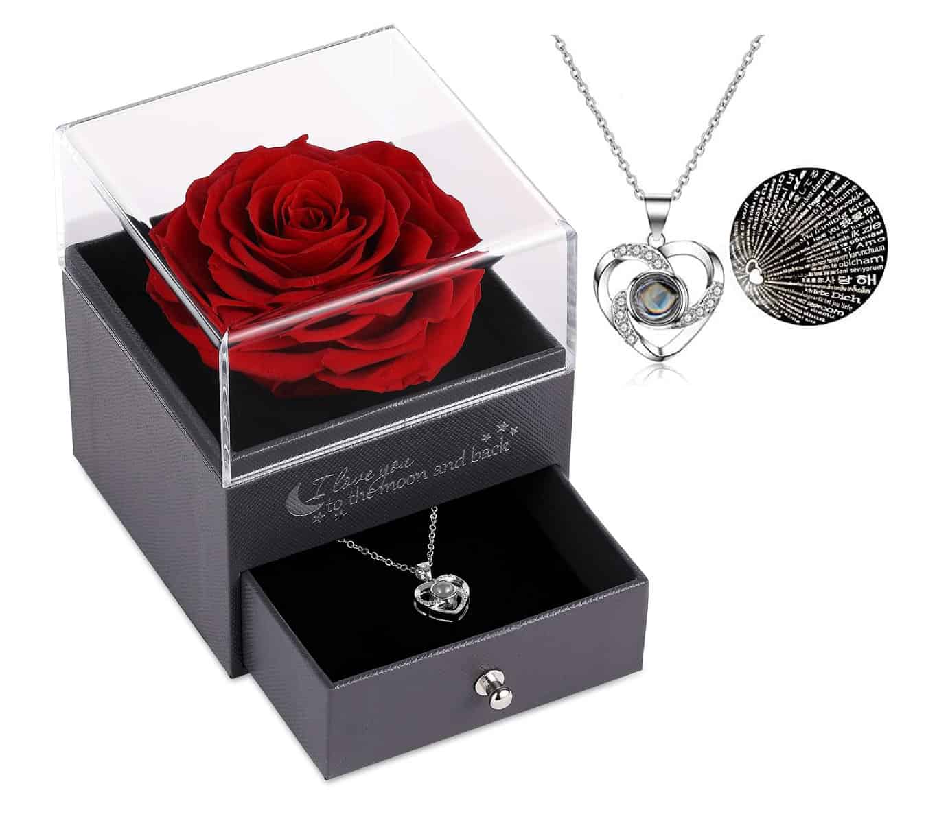 Eaprala Geschenke für sie konservierte echte Rose Schublade Ewige handgemachte konservierte Rose mit Halskette 100 Sprachen Geschenk, verzauberte echte Rose Blume zum Valentinstag Muttertag (Rot)