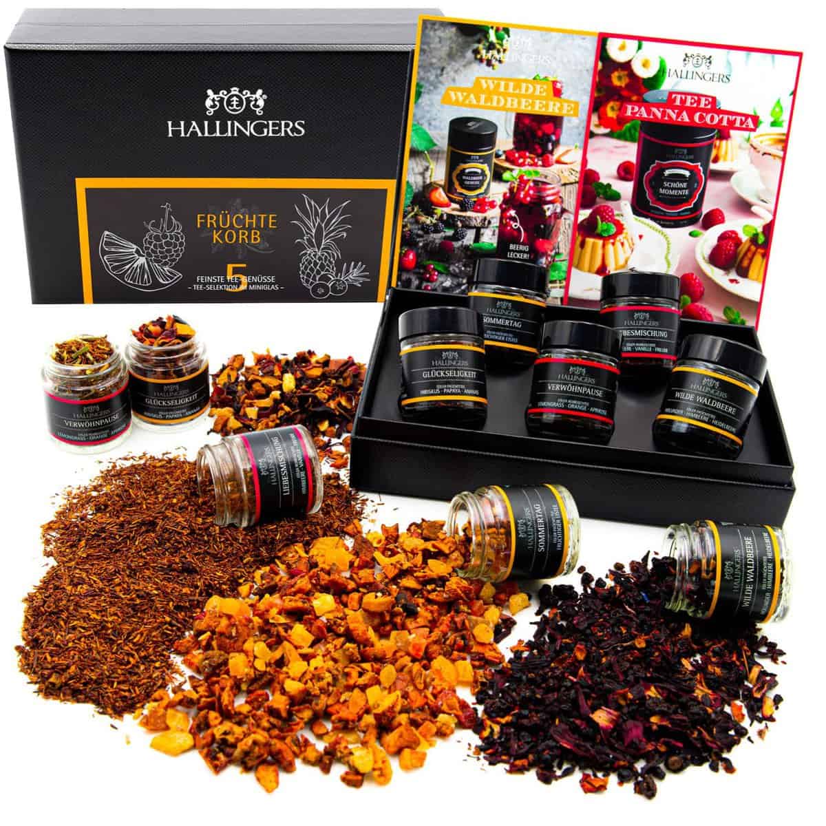 Hallingers 5er Tee-Geschenk-Set Früchtetee & Roiboos-Tee (50g) - Früchtekorb (Set) - zu Ostern, Genesung, Genesung - jetzt zu Weihnachten 2023 schenken