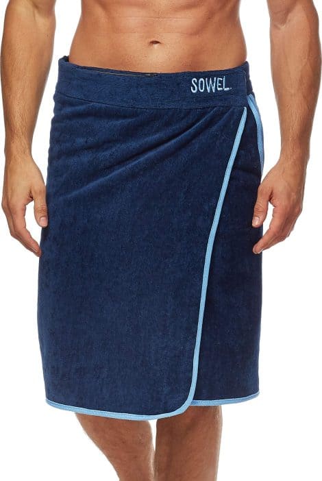 Sowel® Saunakilt für Männer, aus 100% Bio-Baumwolle, mit Klettverschluss, Sauna Partner, 60 x 140 cm, Navy/Blau.