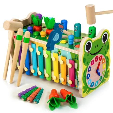 Holzspielzeug-Set “Frosch-Musikspaß” in multifunktionaler Kiste, Montessori-Entwicklungsspielzeug, für Kinder ab 3 Jahren.