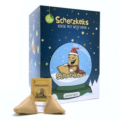 Lustige Weihnachtsbox mit 24 Keksen und witzigen Glückskeks-Fragen für Advent, Weihnachten und mehr.