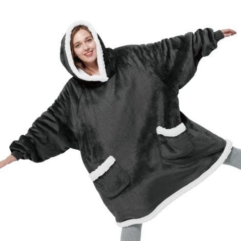 BEDSURE Sherpa Hoodie-Decke, perfektes Geschenk für Frauen, großer Kuschelpullover zum Anziehen in Anthrazit, 95×83 cm.