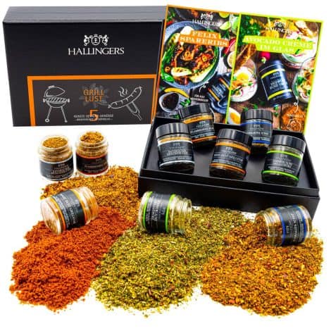 Hallingers Grillgewürze Set, handgemacht, 5 Gewürze weltweit (90g) – Grilllust (Set) – ideal zum Weihnachten 2023 Schenken.