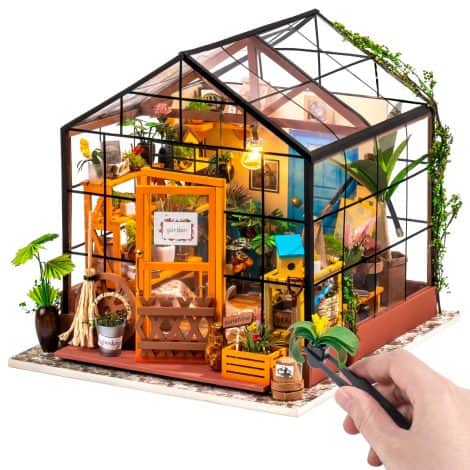 RoWood Bastelset für Erwachsene: Miniaturhaus Puppenhaus Gewächshaus mit Licht – Cathys Blumenhaus. Perfektes Geschenk!