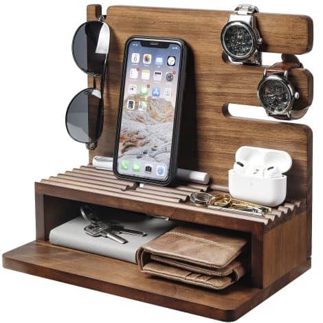 Holztelefon-Dockstation von Yorbay – Praktischer Schreibtisch-Organizer für Uhren, Handy, Tablet, Brillen, Schlüssel und Geldbörsen, perfekt für Männer.