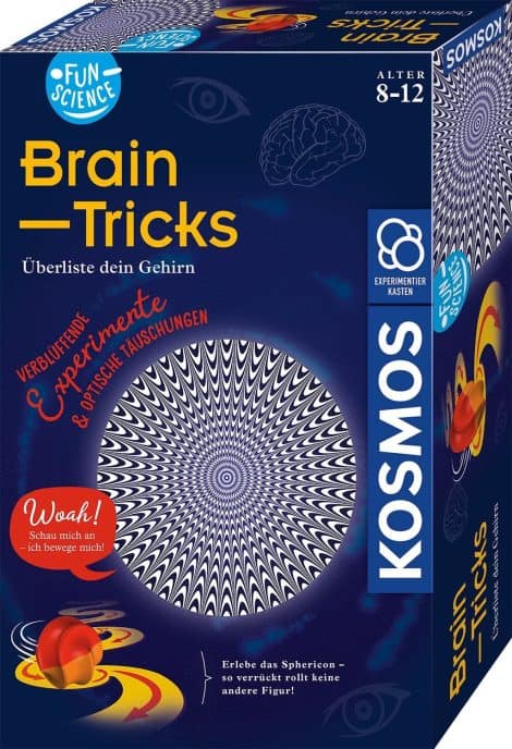 KOSMOS 654252 Lustige Wissenschaft – Hirntricks, Faszinierende optische Täuschungen & Illusionen, inkl. 3D-Brille, Sphericon, Schiefer Raum, Experimentier-Set ab 8-12 J.