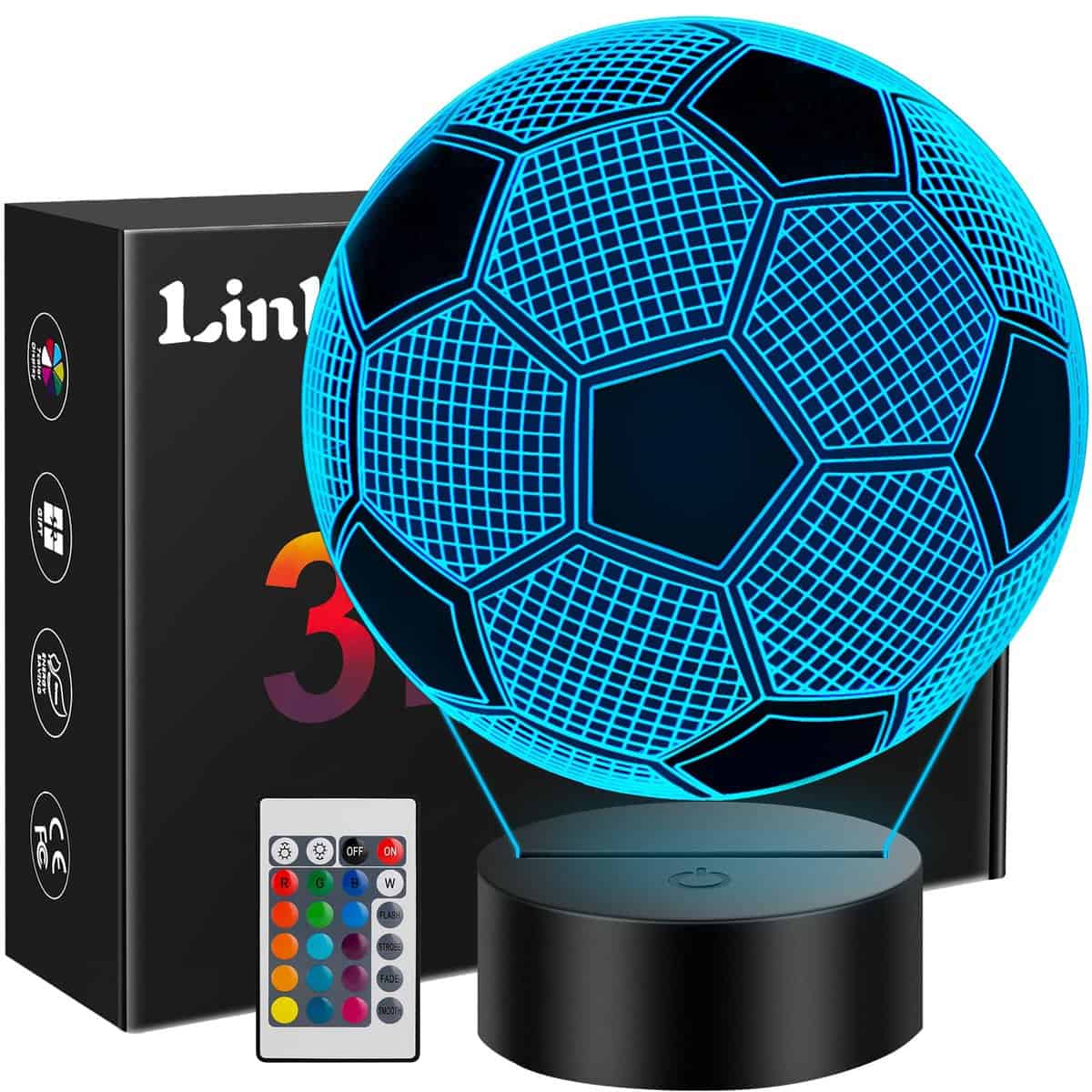 Linkax Fussball Geschenke Jungen Kinder Mädchen, Fußball Geschenke für Jungs, 3D Nachtlicht Kinder Optische Täuschung Deko Lampe 16 Farben Ändern Fußball Sachen