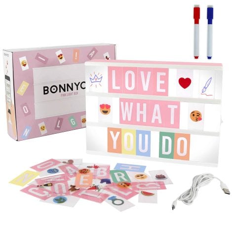 BONNYCO LED Lichtbox in Rosa A4 mit 400 Zeichen, Emojis, 2 Stiften, USB-Verbindung | Geschenk für Frauen, Mädchen | Deko für Schlafzimmer, Wohnzimmer.