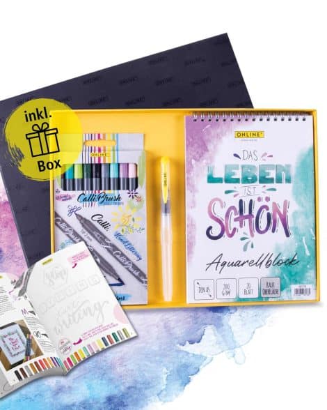 Aquarellkreativset online: Aquarellfarben-Set für Handlettering, Kalligrafie oder Zeichnen mit 10 doppelseitigen Pinseln, Wasserstift und Magazin.