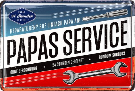 LANOLU Nostalgia tin sign PAPAS SERVICE – Workshop Dad sign – Birthday gift, Father’s Day gift sign for Dad, funny retro decoration with slogan – vintage metal sign, 20×30 cm.