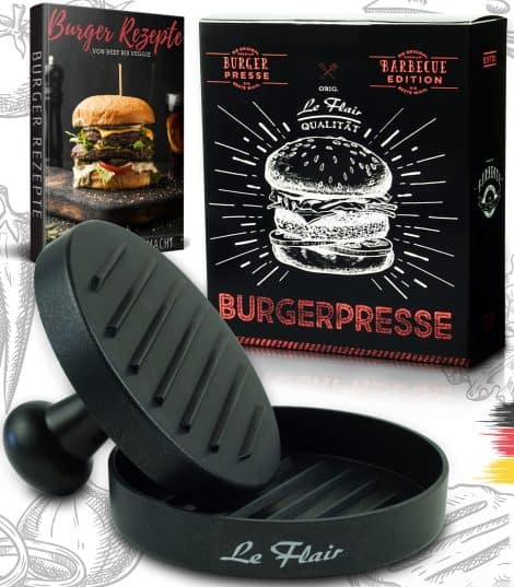 Le Flair® Aluminium Burgerpresse – Hamburgerpresse mit Tasche – Grillzubehör als perfektes Geschenk für Männer schwarz.