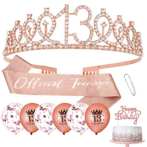 13. Geburtstagsset: Schärpe, Krone, Schärpe “Official Teenager” Tiara, Cupcake Topper, Konfetti Luftballons – Geschenke für Mädchen. (Rose Gold)