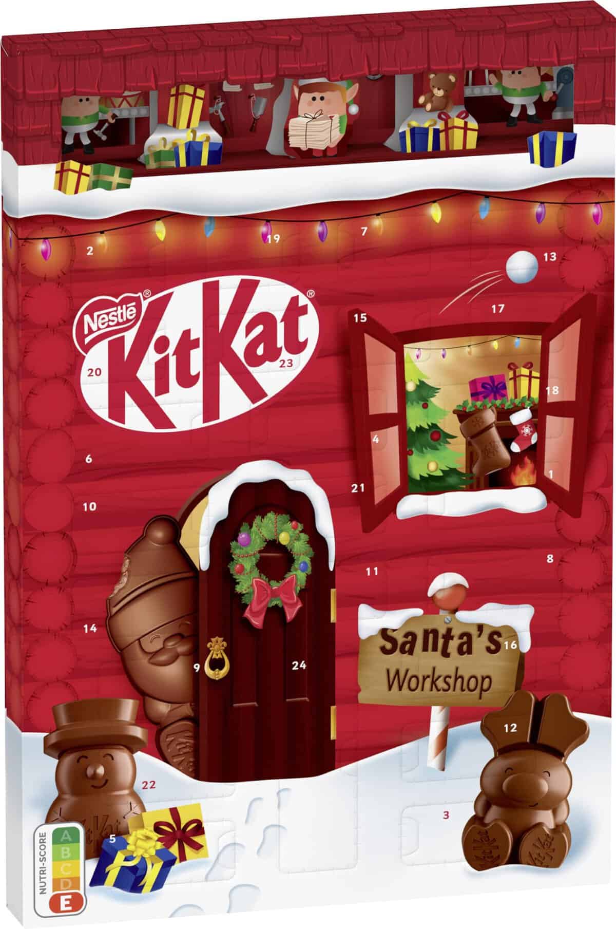 NESTLÉ KITKAT Adventskalender Schokolade mit 3D-Effekt, Weihnachtskalender mit 24 Schokoladenfiguren und Kugeln mit Knusperstückchen, 1er Pack (1 x 208g)