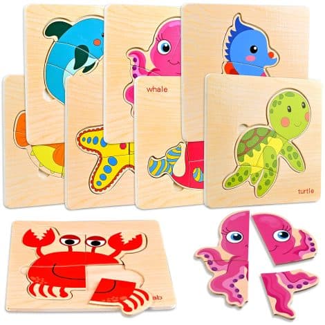 Faburo Meerestiere Holzpuzzle, 8-teiliges Montessori Spielzeug aus Holz für Kinder von 1-4 Jahren.