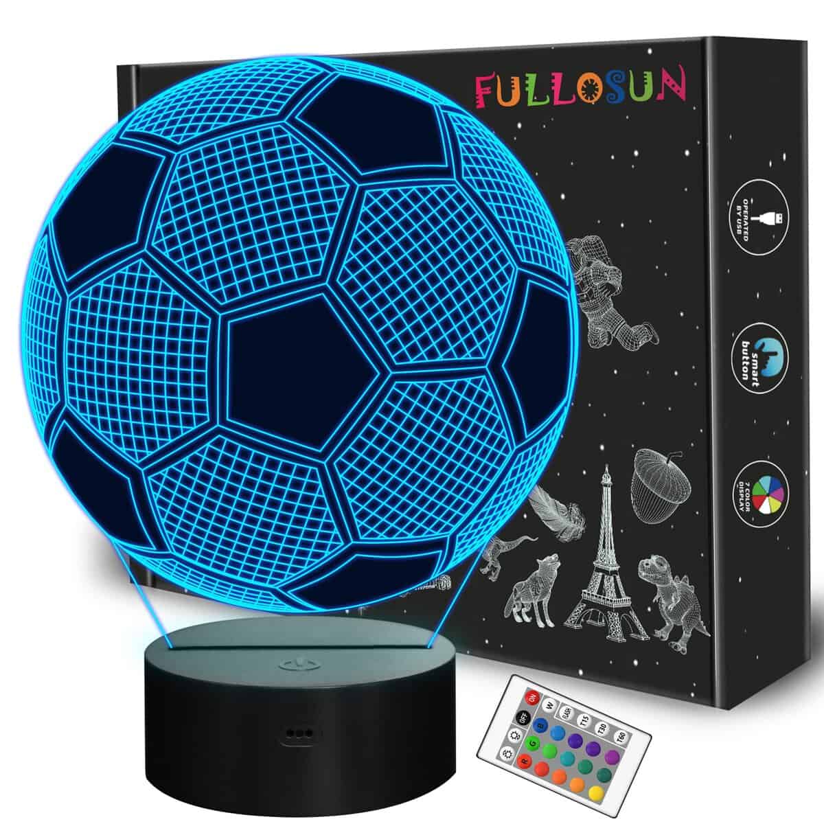 FULLOSUN Kinder Nachtlicht Fußball 3D Optische Täuschung Lampe mit Fernbedienung 16 Farben Ändern Fußball Geburtstag Weihnachtsidee für Sport Fan Jungen Mädchen