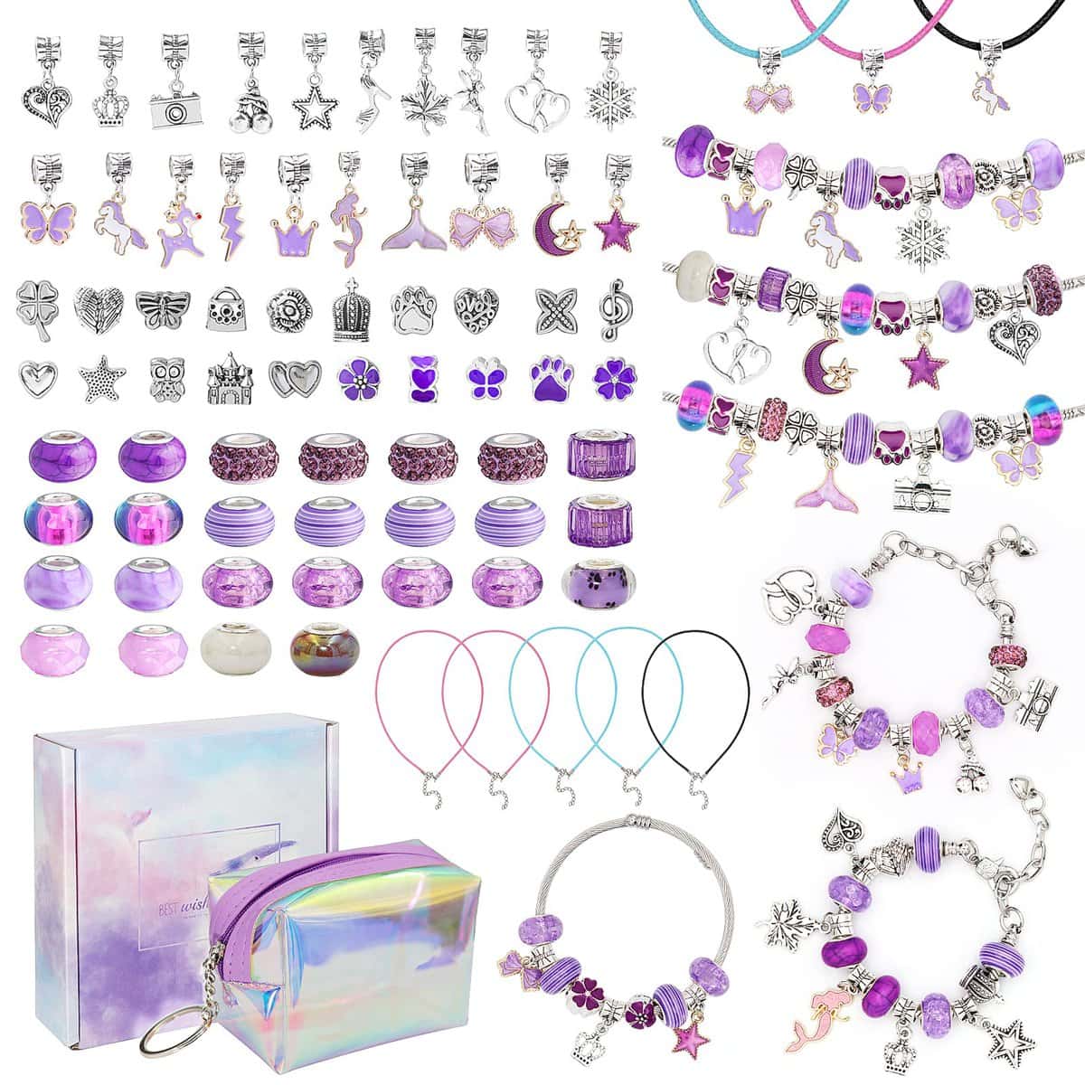 Homgaty Mädchen Geschenke 6-12 Jahre, Schmuck Basteln Mädchen, Schmuckbastelsets Geschenke für Mädchen Kinder, Charm Armband Kit DIY für ab 6 7 8 9 10 11 12 Jahre Mädchen (Lila)