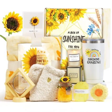 Schicke das Sonnenschein-Geschenk, 10 Sonnenblumen-Geschenke für Frauen, Pflegepaket, Gute Besserung, Korb, für deine Schwester, beste Freundin.