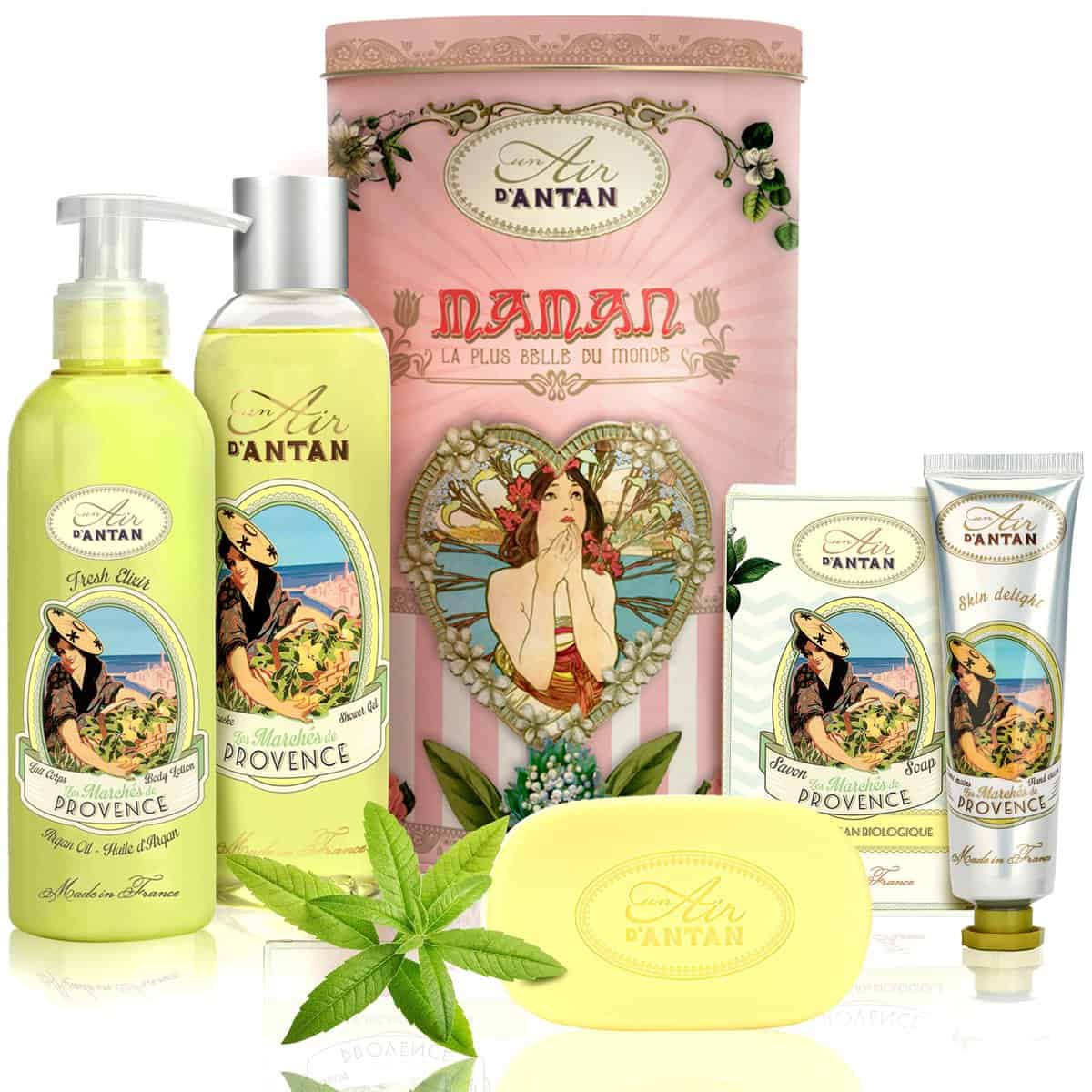 Lustige Geschenke Für Frauen: Französisches Geschenkset 1 Duschgel 250ml + 1 Bodylotion 200ml + Handcreme 25ml + 1 Seife 100g in einem Vintage Metallbox Parfüm PROVENCE Eisenkraut von Un Air d'Antan®