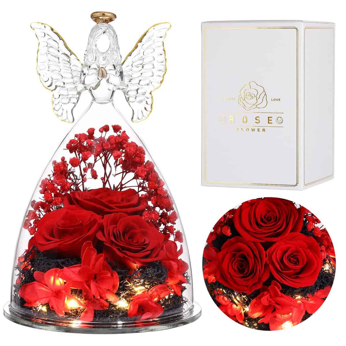 Eaprala DREI Konservierte Rosen Geschenk in Glas Engelsfiguren, Geburtstagsgeschenke für Frauen, Engel Geschenke für Sie auf Jahrestag,Weihnachten,Valentinstag.Rot