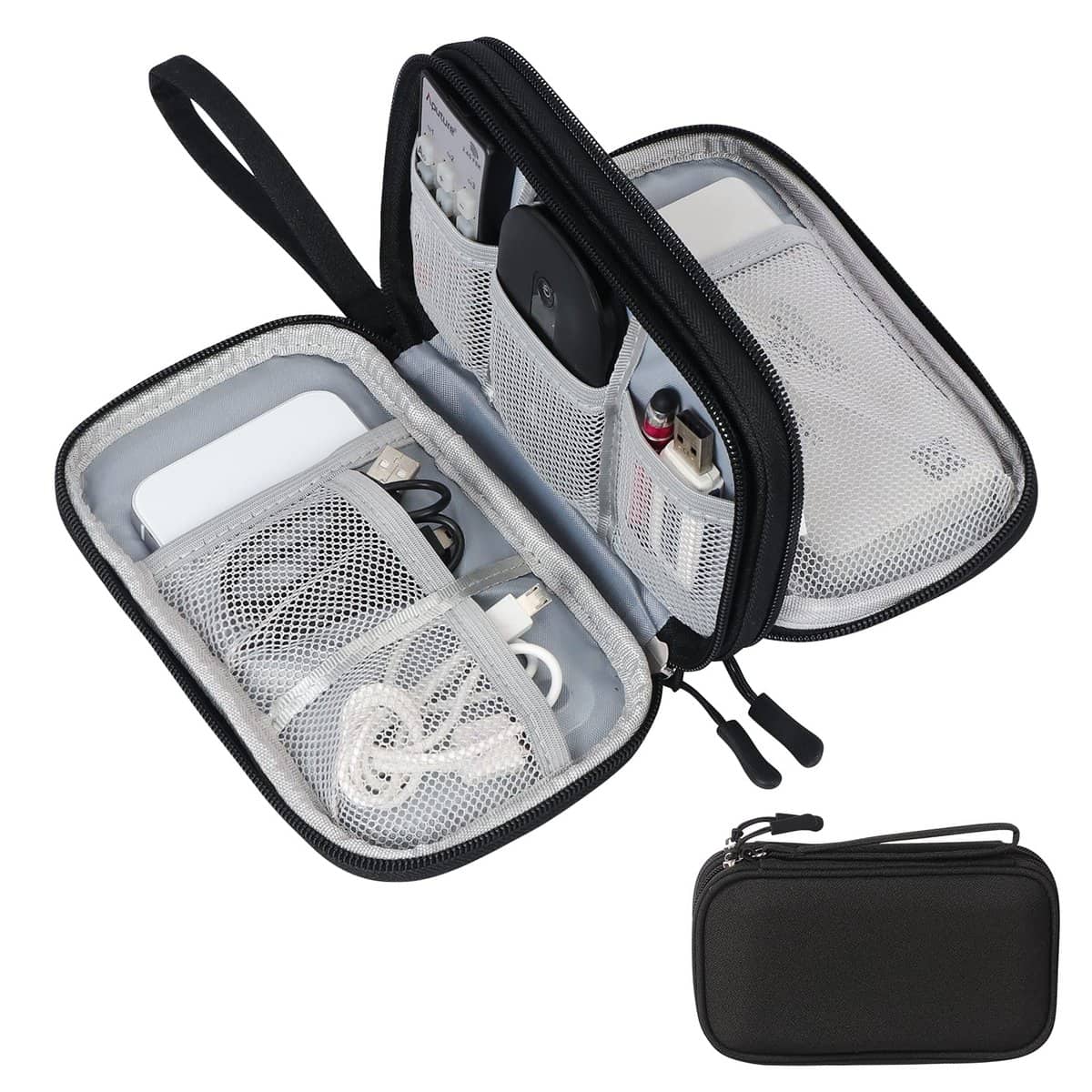 Skycase Kabeltasche,Elektronikzubehör Organizer,Tragbare Kabelorganizer,Doppelte Kabel Tasche für Elektronische Accessoires USB Powerbank SD-Karte Ladekabel,7.5"x4.3"x2.2",Schwarz