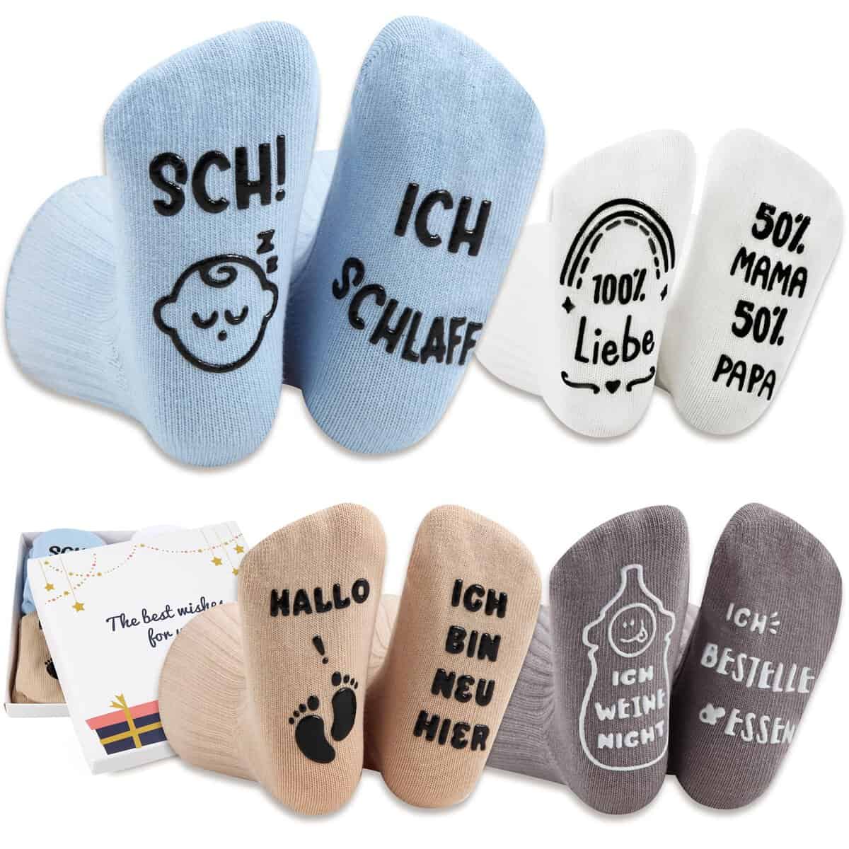 Baby Socken 0-12 Monate für Jungen und Mädchen | Baumwolle Anti Rutsch Socken | als Neugeborene Babys & Babyshowers Geschenk | Interessant Geschenke zur Werdende Eltern