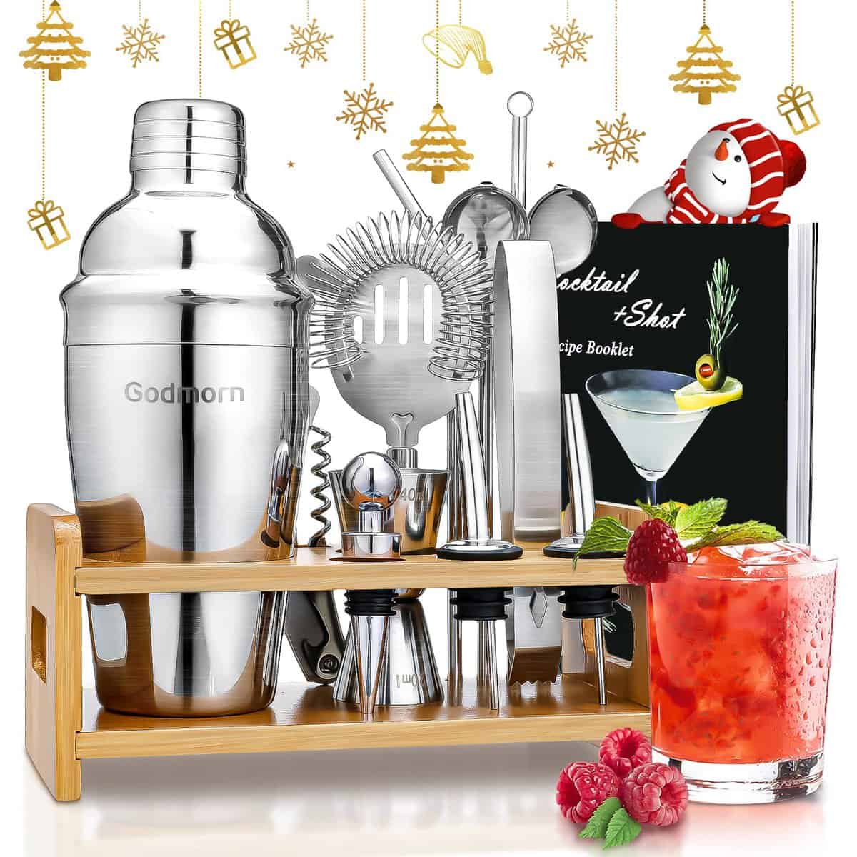 Cocktail Set, Godmorn Edelstahl Shaker Set, 15 Teiliges Barkeeper Set mit bessere Bambus Ständer, Rezeptbuch, Messbecher und Bar Löffel, 550 ml Geschenk Set für Zuhause oder die Bar