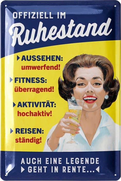 LANOLU Retro Blechschild RUHESTAND – Lustige Geschenkidee für Frauen, die in Rente gehen. Metallschild 20x30cm.