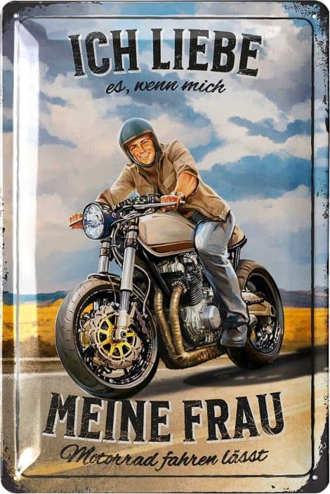 Retro Metallschild “Meine Frau ist Motorradliebhaberin” – tolles Geschenk für Männer und Biker, lustige Werkstatt- und Garagendeko. 20x30cm