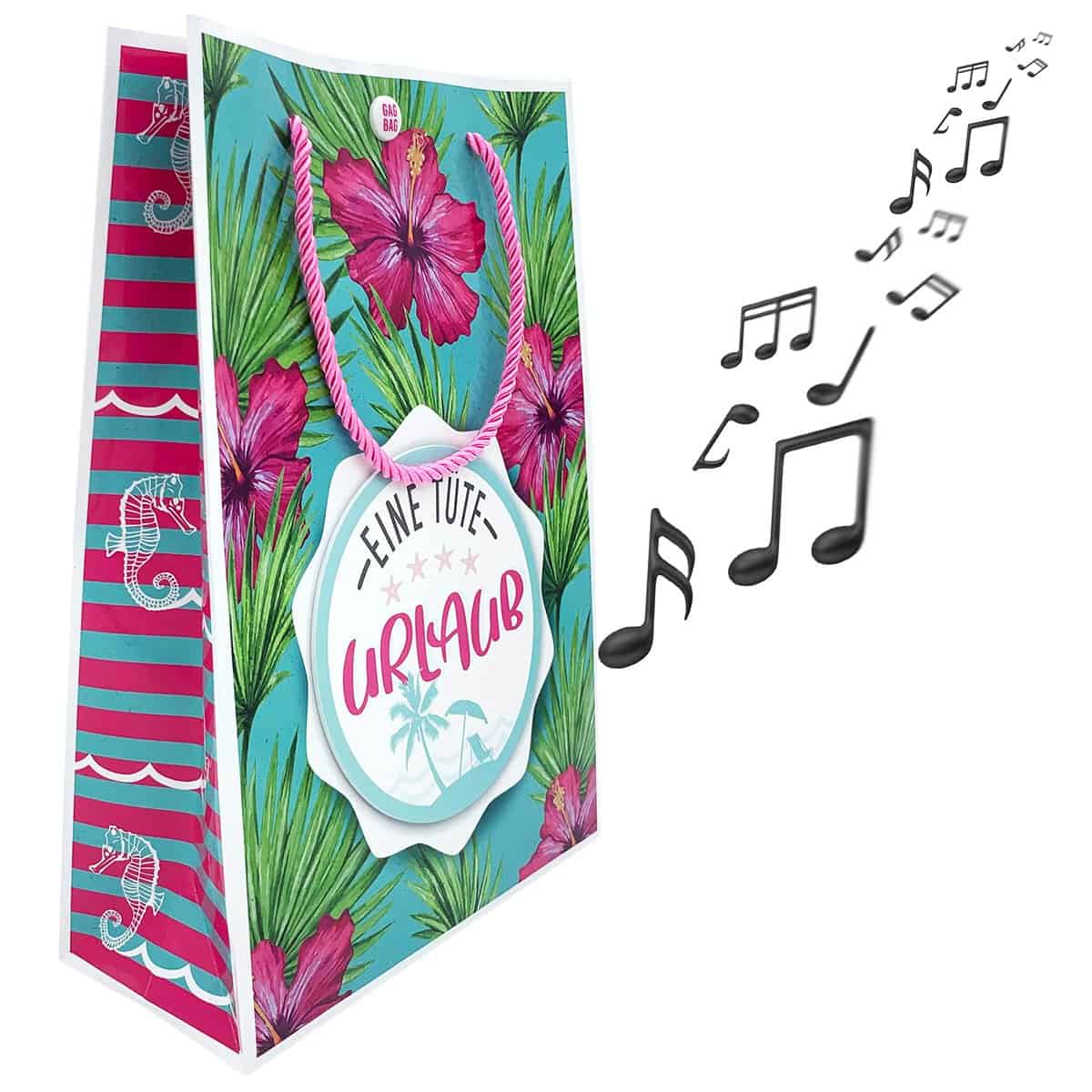 MUSIK-Geschenktüte "Urlaub", beim Öffnen Meeresrauschen und "Labamba", Urlaubsgefühle aus der Tüte, zum Verschenken von Urlaubsutensilien, toller Überraschungseffekt, GagBag von bentino