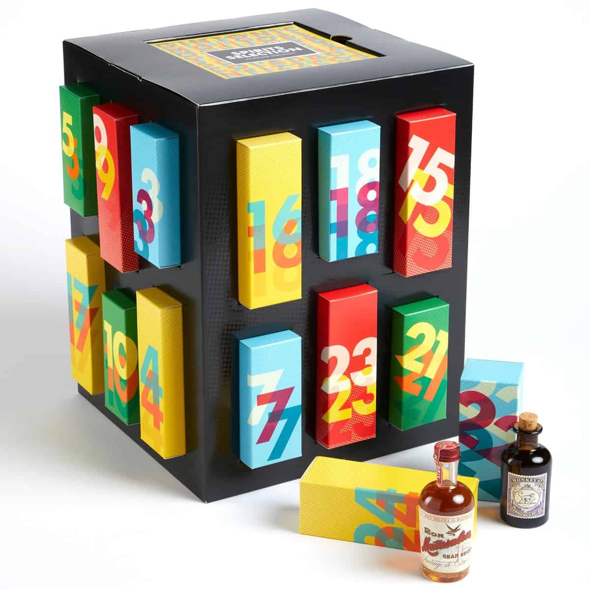 Amazon Beer Wine and Spirits Limitierter Premium-Spirituosen Adventskalender 2023 | 24 Miniaturflaschen inklusive Cocktail Shaker Set und Booklet | Whisky, Gin, Rum, Vodka, Likör