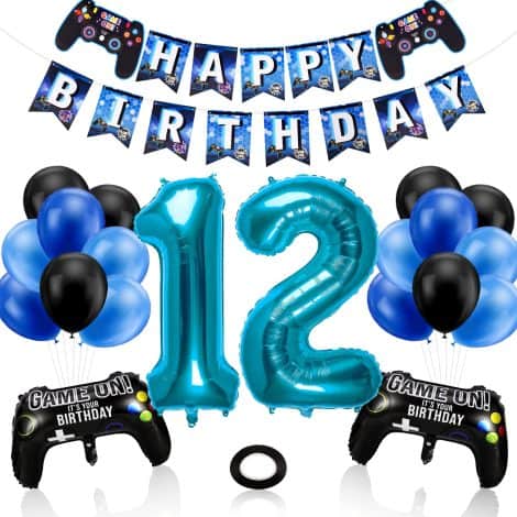 Phoetya Geburtstagsdekorationen für Jungs, Gamer-Motto-Partyset mit Happy Birthday-Banner, Game-Controller-Luftballons und blau-schwarzen Luftballons für Kinder.