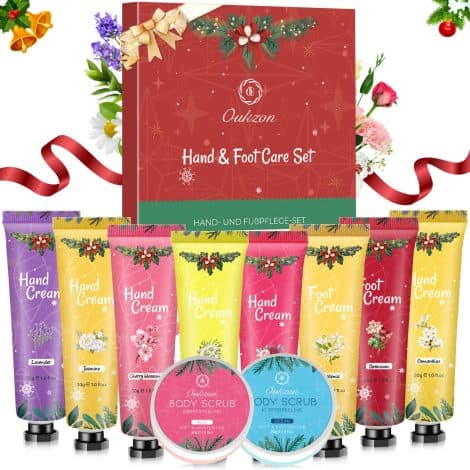 Handcreme-Set mit 10 Mini-Handcremes, Fußcreme und Body Scrub für trockene Hände und Füße. Perfektes Weihnachtsgeschenk!