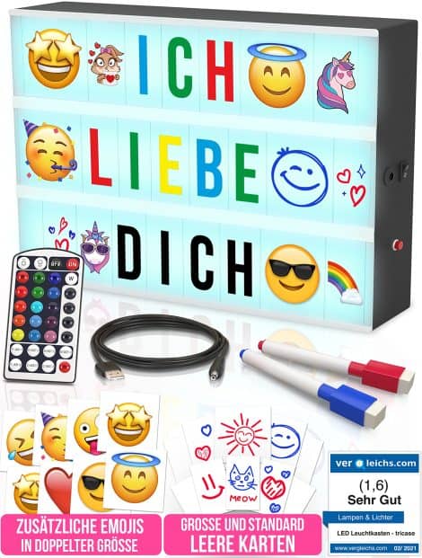 Leuchtende Kinderbox mit austauschbaren Farben, Buchstaben- und Emoji-Set und Dekorationsmöglichkeiten für Teenager-Mädchenzimmer.