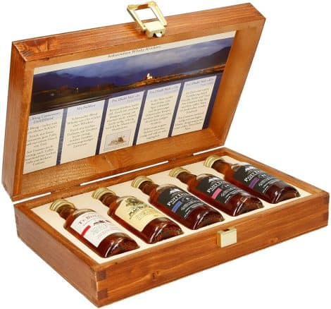 Probier- und Geschenkset mit 5x 50 ml Whisky in Holzkiste: Té Bheag, MacNaMara, Poit Dhubh 8, 12, 21.