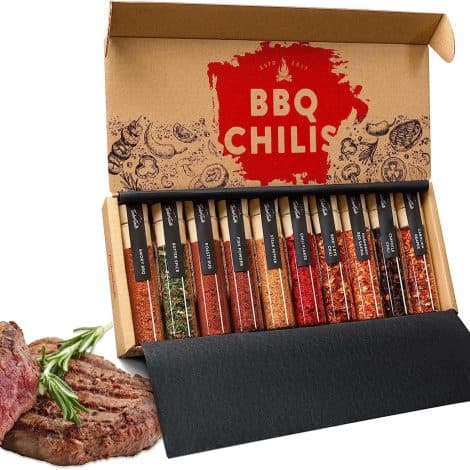 TIMBER TASTE® Chili & Grillgewürz Geschenkset Männer [10er Kombi-Set] – 5 Grillgewürze + 5 scharfe Chili Gewürze, bis zu 700000 Scoville – Spezielle Geschenke für Männer & Erwachsene.