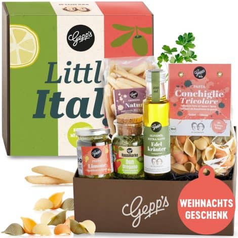 Gepp’s Feinkost Geschenkbox Little Italy für Weihnachten, gefüllt mit hausgemachter BIO Pasta und italienischen Spezialitäten. Perfekte Gourmet-Geschenkidee für alle.