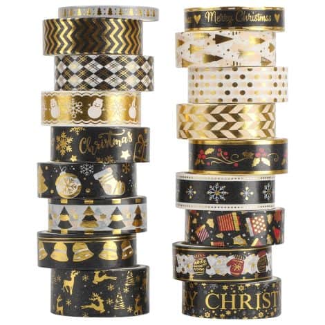 18 Rollen Washi Tape Weihnachten Set, Masking Tape mit Weihnachtsbäumen in Goldfolie für kreative DIY-Projekte. Perfekt für Geschenkverpackungen und Dekorationen. (Weihnachtsgold)