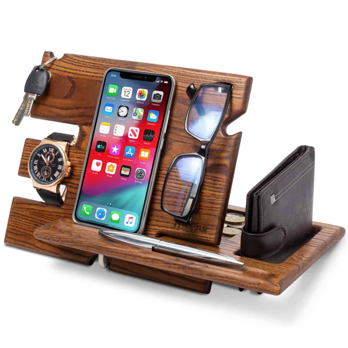 TESLYAR Holz Telefon Dockingstation Asche Baum Geldbörsenständer Schlüsselhalter & Uhren Organisator Herren Weihnachten Geschenk Ehemann Ehefrau Jubiläum Vater Geburtstag Vater Mann massiv (Beige)