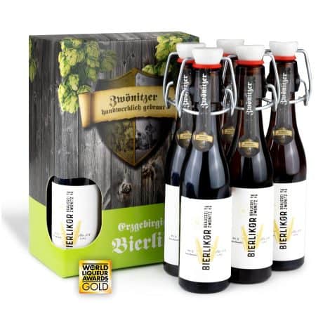 Bierlikör von Brauerei Zwönitz, erzeugt aus Zwönitzer Ziegenbock Bier, 6×0,04L. Perfektes Geschenk für Männer.