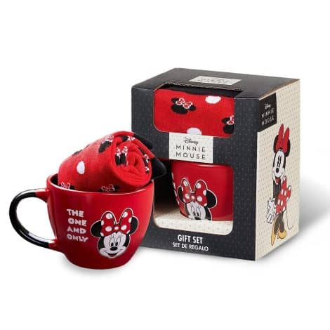 Disney Stitch Geschenkset für Damen mit roten Minnie Tasse und Socken.