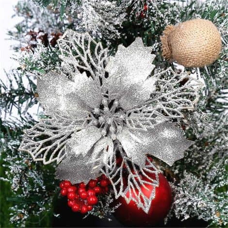 12 Stücke funkelnde Weihnachtsbaumschmuckverzierung aus Glitzer, mit Weihnachtsblumen und Christbaumhänger. (Silber, 16 cm)