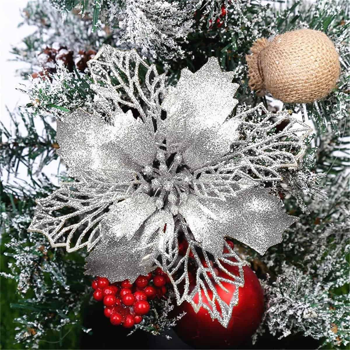 GLITZFAS 12 Stück Glitter Weihnachtsbaum Dekoration, Weihnachtsbaumschmuck Ornament Weihnachten Blumen Dekor, Christbaumanhänger (Silber,16 cm)