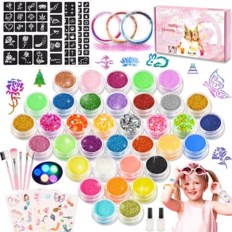 Kinder Glitzer Set – 36 Farben, 3 Glitzer Armbänder, 124 Schablonen, Mädchen Geschenk 6-10 Jahre, Tattoo Stifte, Einhorn Spielzeug.