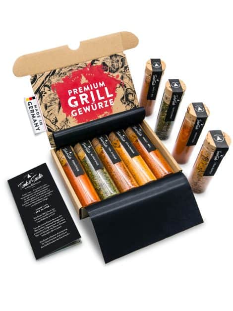 TIMBER TASTE® BBQ Gewürze Geschenkset für Männer – 5 ausgewählte Grillgewürze mit Rezepten – Weihnachtsgeschenk für Männer – Gewürzset.