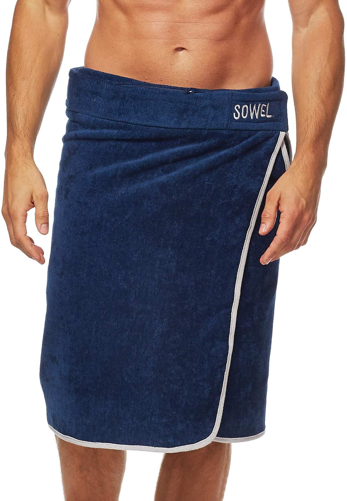 Sowel® Saunakilt Herren, 100% Bio-Baumwolle, Saunahandtuch mit Klettverschluss, Saunatuch, Sauna Buddy, 60 x 140 cm, Navy/Grau