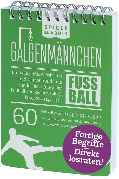 Fussballfan GALGENMÄNNCHEN Spiel | 60 Fussball-Begriffe raten | Geschenk für Jungs | Partyspiel | Reisespiel | Wichteln | A6 Kalenderformat